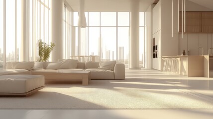 Fototapeta premium A spacious, modern interior featuring large windows, a cozy sofa, and a minimalist design, illuminated by natural light.