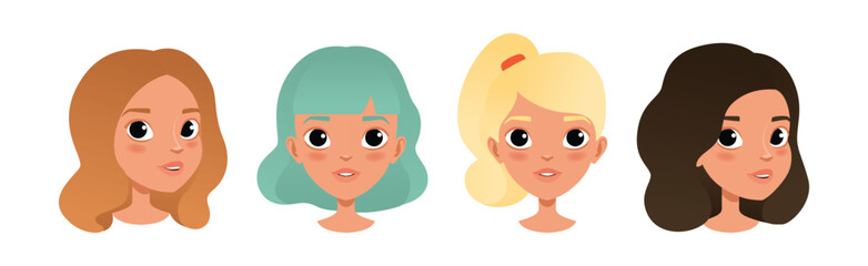 Woman Smiling Face Head with Different Hairstyle Vector Set