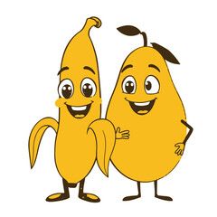 A funny cartoon banana and mango character standing side by side in a playful pose