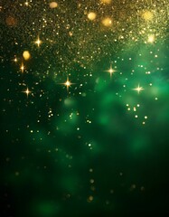 green background with gold glitter bokeh giving Christmas luxury vibes with copy space