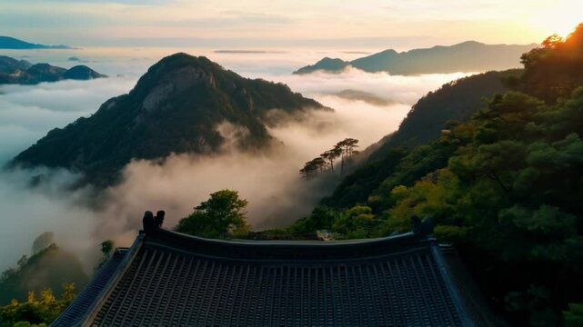 sunset in the mountains, a serene and ancient temple located high in the mountains of Korea, surrounded by lush, green mountains with mist rolling over the landscape