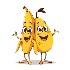A funny cartoon banana and mango character standing side by side in a playful pose