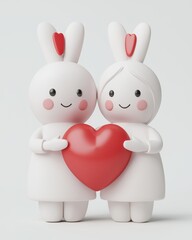 Cute rabbit figurines holding a red heart, symbolizing love and friendship. Perfect for celebrations, gifts, or decoration.