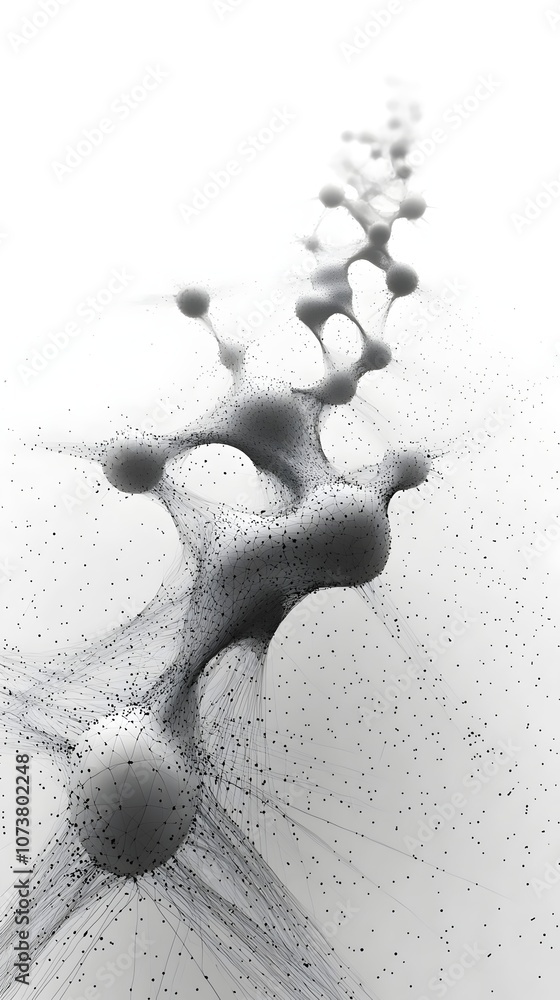 Poster abstract digital art depicting a flowing network of interconnected spheres and lines, creating a sen