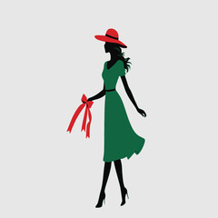 a logo or emblem for a fashion brand. It features a silhouette of a woman wearing a green dress and a red hat.