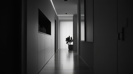 A dimly lit hallway features a modern aesthetic, with sleek walls and a solitary plant at the end, enhancing the serene atmosphere.