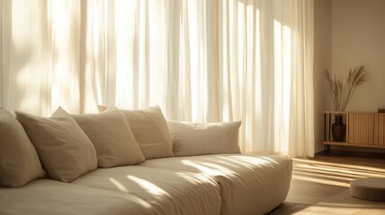 Fototapeta premium A cozy living room with a light-colored sofa, soft cushions, and flowing curtains, bathed in warm sunlight.