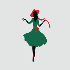 a logo or emblem for a fashion brand. It features a silhouette of a woman wearing a green dress and a red hat.