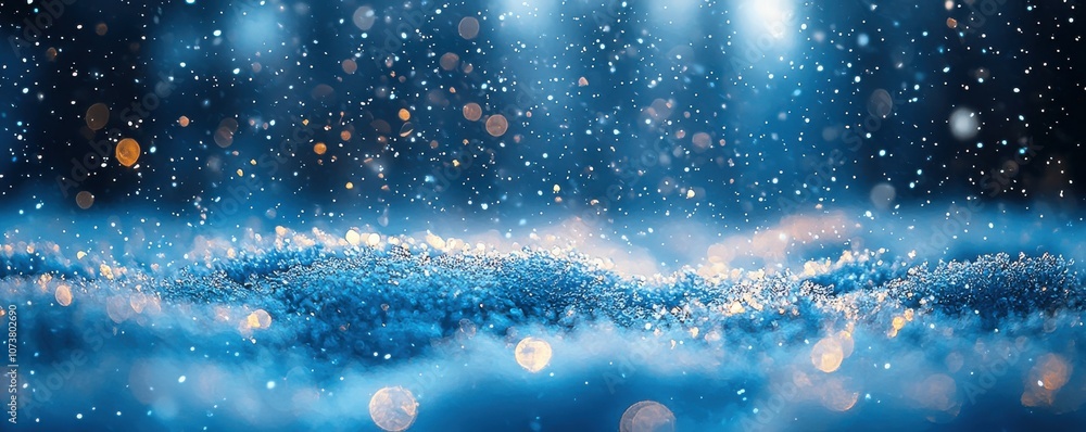 Poster close-up capture of snowflakes falling gently with a glowing bokeh background