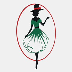 a logo or emblem for a fashion brand. It features a silhouette of a woman wearing a green dress and a red hat.
