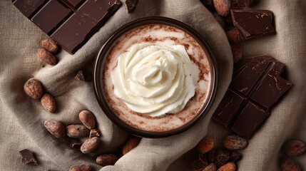 Gourmet hot chocolate with a swirl of whipped cream, surrounded by scattered chocolate chunks and cocoa beans on a linen cloth