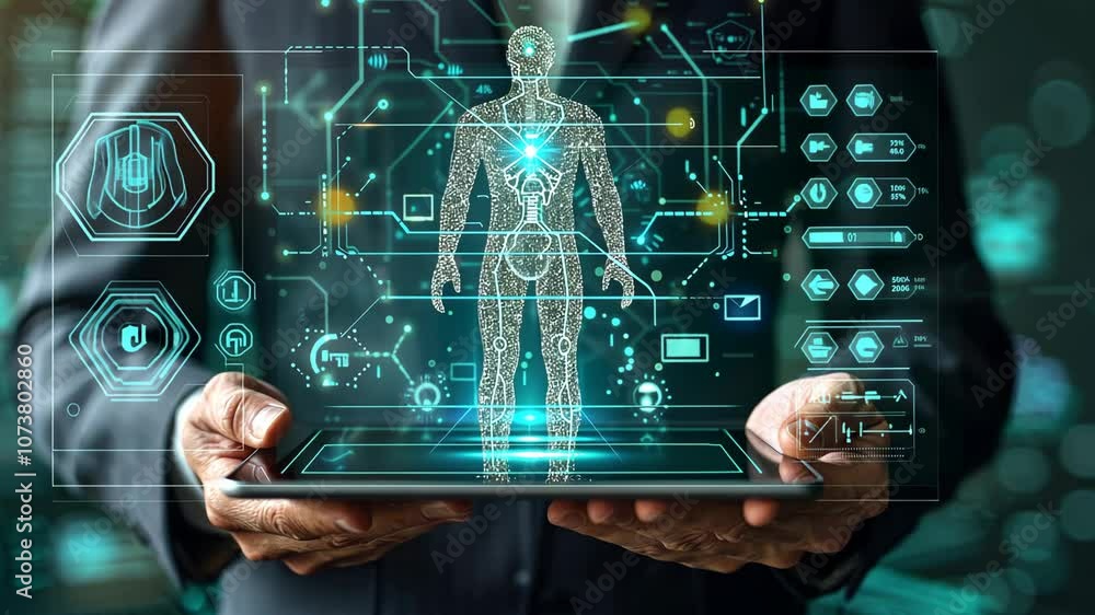 Poster exploring the future of health technology with holographic medical visualization in a modern office 