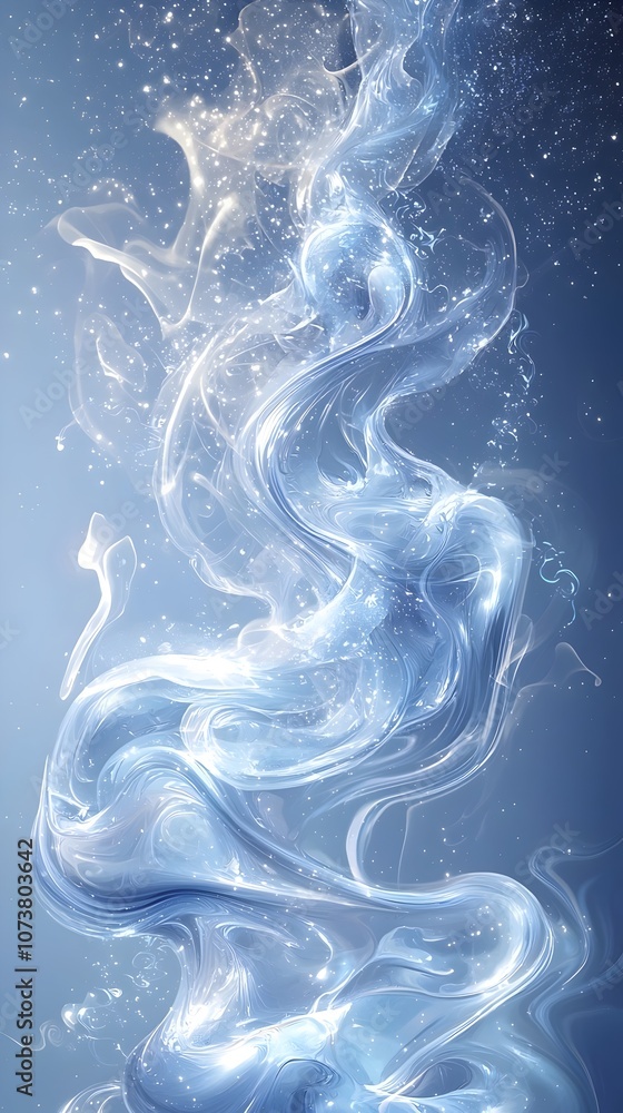 Poster a mesmerizing abstract image featuring swirling, ethereal blue and white smoke-like forms, illuminat