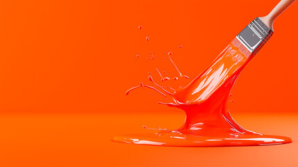 Paint brush applying orange paint to a white wall.