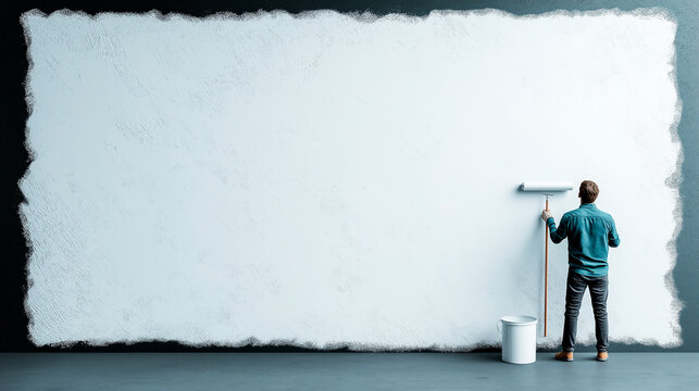 man with raint roller applying white paint to a white wall. 