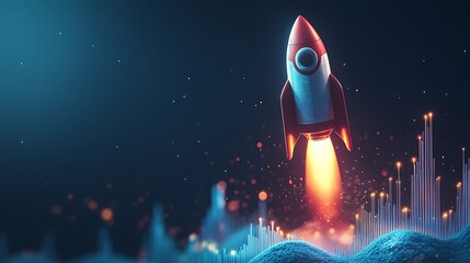 A rocket ship with business graph bar chart, Rocket business graph background
