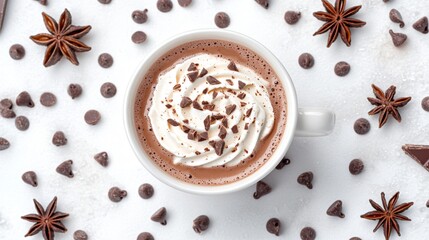 Mug of hot chocolate with a whipped cream swirl, surrounded by star anise and chocolate chips on an icy white background