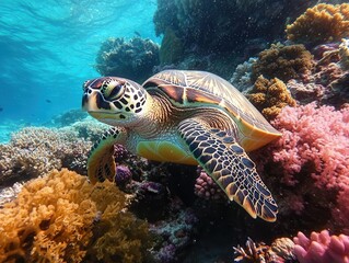 Naklejka premium A vibrant sea turtle swims gracefully through a coral reef, surrounded by colorful corals in clear, turquoise waters.