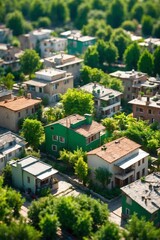 Naklejka premium Green Trees and Plants on Rooftops in the Metropolis: Multi-Level Urban Greening and Ecological Initiative
