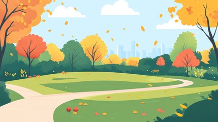 Autumnal Park with Winding Path and City Skyline. Flat Minimalist Illustration.