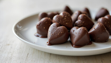 Delicious heart-shaped chocolates arranged on a white plate, perfect for celebrating Chocolate Day with loved ones