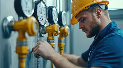 Man engrossed work large industrial facility - He donned hard