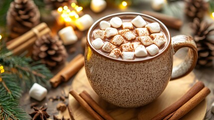 Fototapeta premium Warm, creamy hot chocolate in a ceramic mug, topped with marshmallows and surrounded by cinnamon sticks on a rustic backdrop