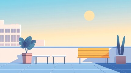 Fototapeta premium Tranquil Rooftop Terrace with Morning Sun. Flat Minimalist Illustration.