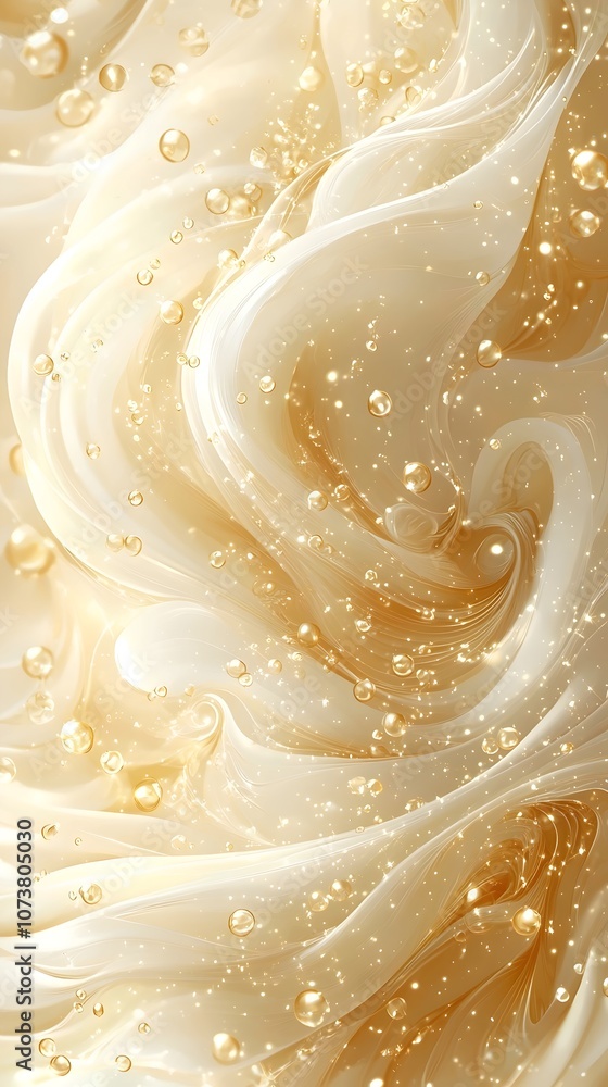 Poster an abstract image featuring swirling golden and cream-colored waves intertwined with shimmering bubb