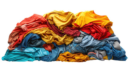 Colorful Clothes Pile, Assortment of Vibrant Shirts and Fabrics, Casual Wear Arrangement, Textile Variety Display Isolated on white background or PNG