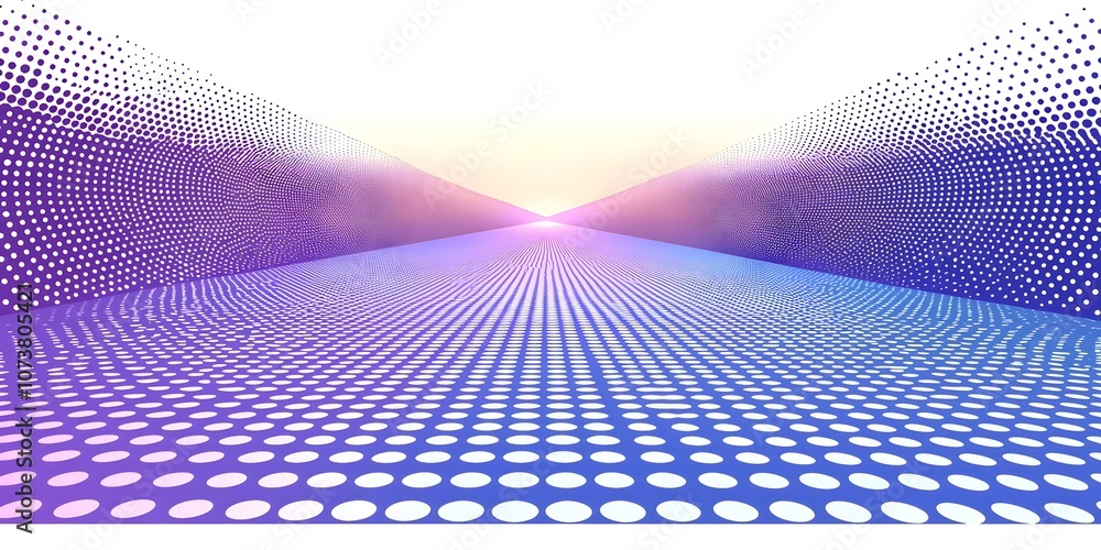Poster a vibrant gradient pattern of purple and blue dots converging towards a soft glowing center, creatin