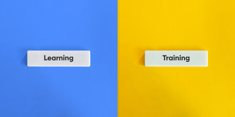 Learning versus Training. Text on Block Letter Tiles on Yellow and Blue Background. Minimal...