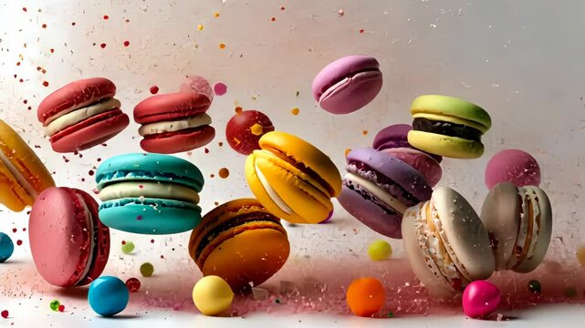 Colorful macarons with vibrant sprinkles floating in mid-air against a simple background