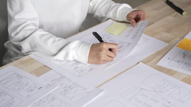 UX UI designer working on wireframes for a website and mobile app prototype, surrounded by sketches of user-flow and design tools, in concept of website and mobile application design concept.
