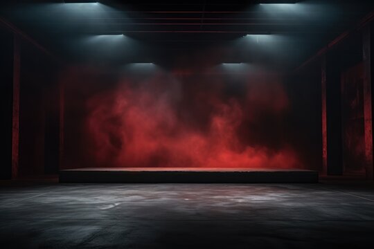 Empty Stage, Podium with Red Smoke and Spotlights for Product Show. Modern Performance Space Background. Fogy Scene, Atmosphere. Presentation Platform