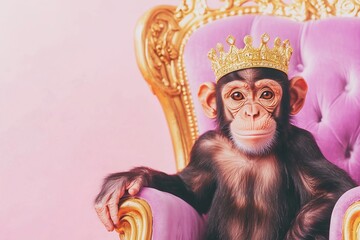Obraz premium Monkey Day monkey wearing a golden crown sitting on a pastel purple velvet and gold throne