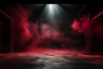 Fototapeta premium Dark stage shows, empty dark background with red and white spotlights, Studio room with smoke float up the interior texture for display products