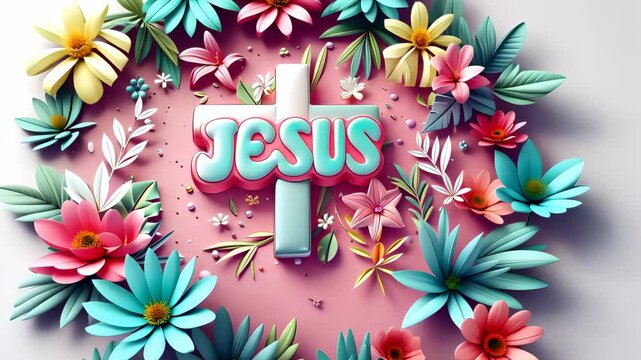 Exploring uplifting messages of faith with vibrant flowers and a central cross featuring the name Jesus in a colorful design