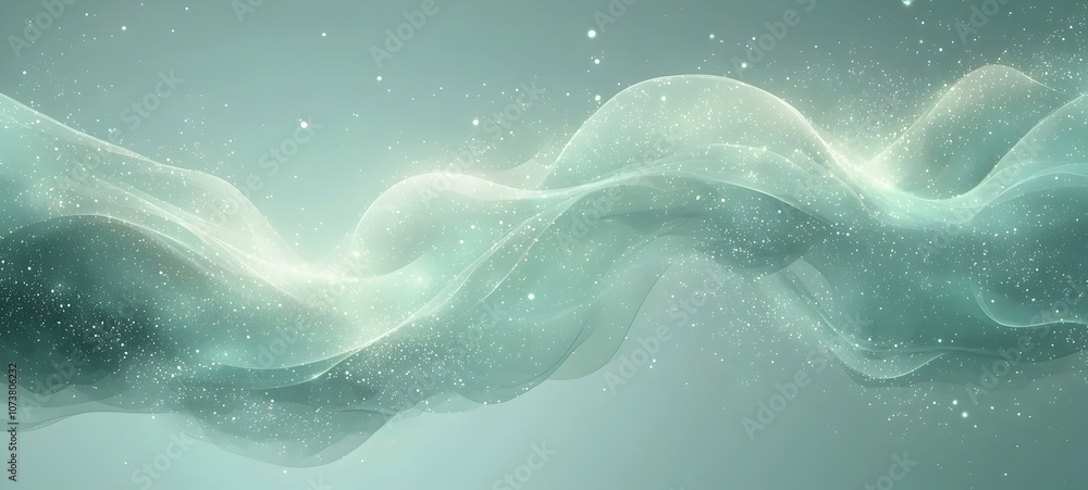 Poster a serene abstract composition featuring flowing waves of soft green hues, adorned with sparkling ele