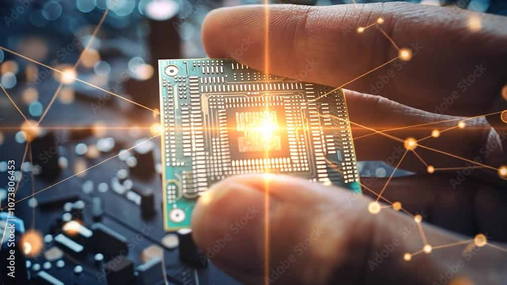 Poster close up of an engineer holding a cpu with network connections superimposed. the image evokes concep
