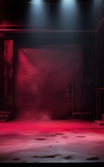 Dark empty stage with spotlight. Smoke drifts across the stage, creating an atmospheric setting for a performance or presentation