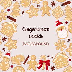 Gingerbread cookie square vector background. Copy space in the middle christmas greeting card.