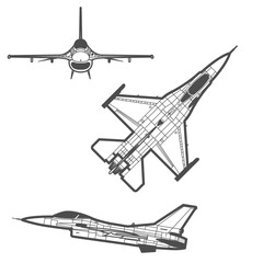 F-16 fighter jet dark gray outline, three models from opposite sides of the icon.
