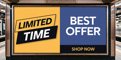 Split Subway Advertising Banner with Yellow 'Limited Time' Section and Blue 'Best Offer' Side Displaying 'Shop Now' Message for Urban Promotions