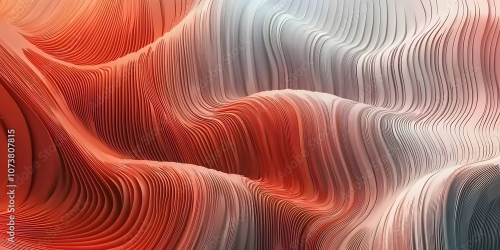 Poster an abstract wave of flowing lines in warm shades of red and soft gray, creating a captivating textur