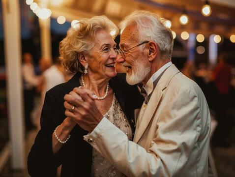 Senior couple dancing and smiling at wedding party celebration