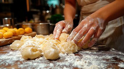 A pair of hands working with bread dough on a lightly floured surface.