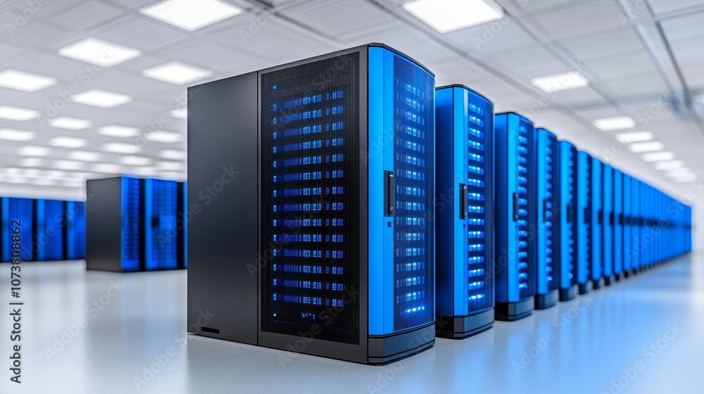 Poster computer-rendered view of modern data center server racks working in a dark facility. concept of int