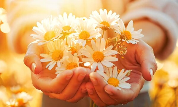 daisy flowers in hand on nature background