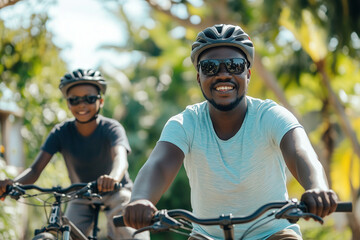Naklejka premium Two cyclists enjoying a sunny day ride on bicycles in a lush green park with trees and clear skies. Generative AI